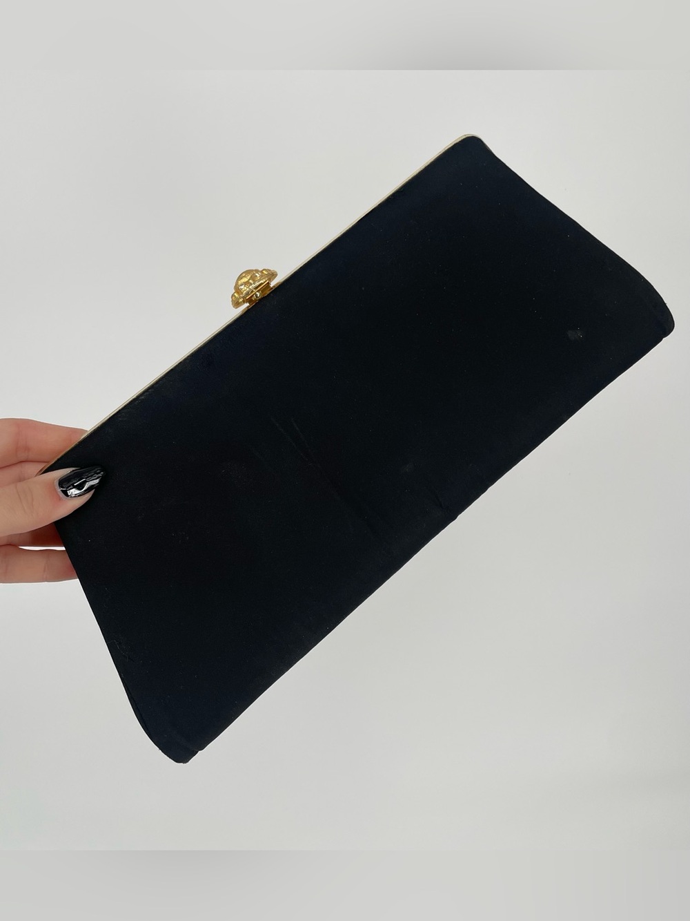 Vintage Classic Black Rectangle Evening Clutch Rhinestone Clasp Gold Interior
